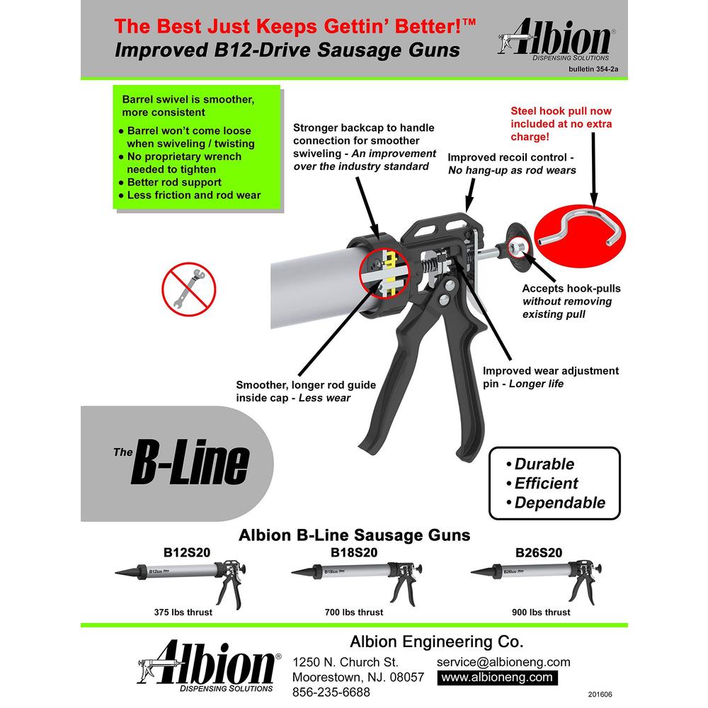 albion engineering company b12s20 b-line manual sausage caulking gun, 20 oz, 12:1 drive