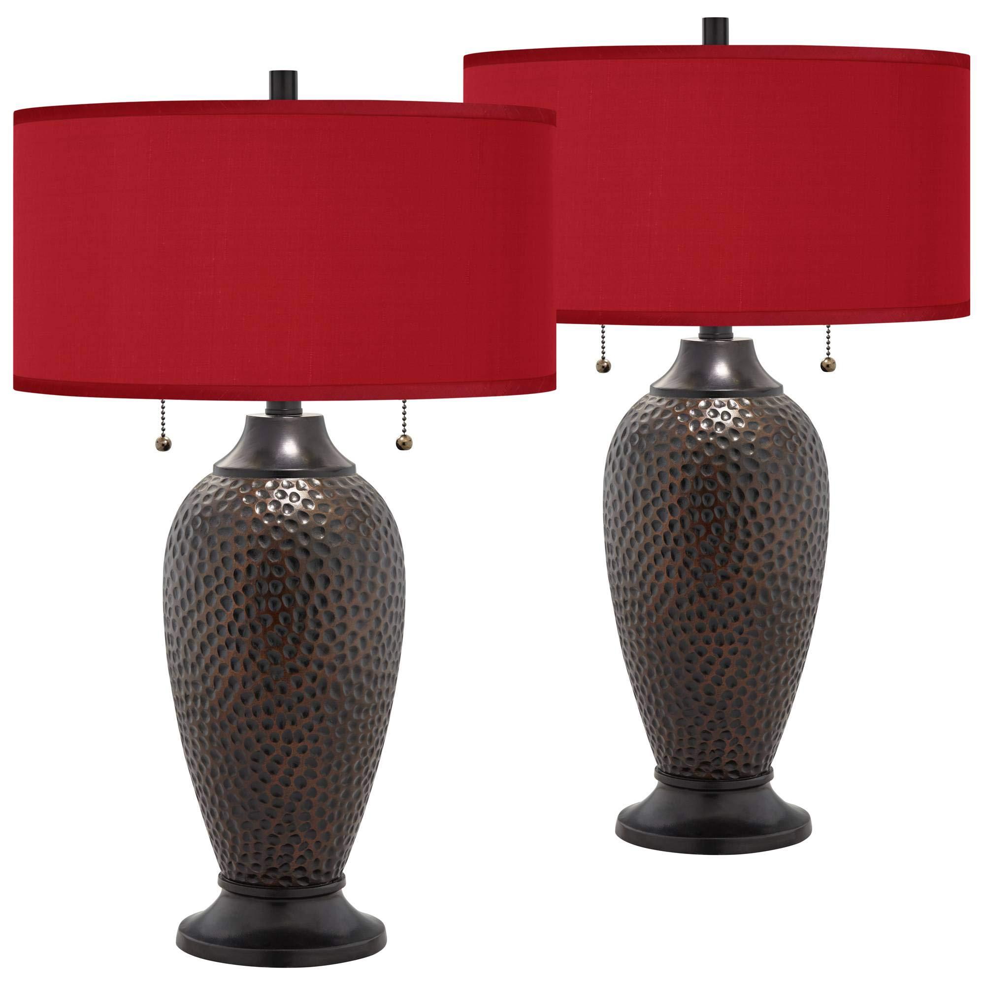 franklin iron works rustic farmhouse table lamps set of 2 24 1/2" high oil rubbed bronze brown hammered red faux silk drum sh