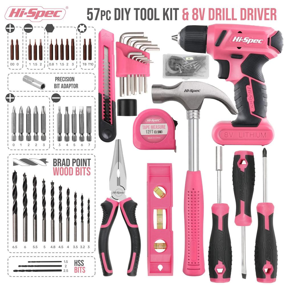 hi-spec 58pc pink 8v usb electric drill driver & household tool kit set. diy cordless power screwdriver