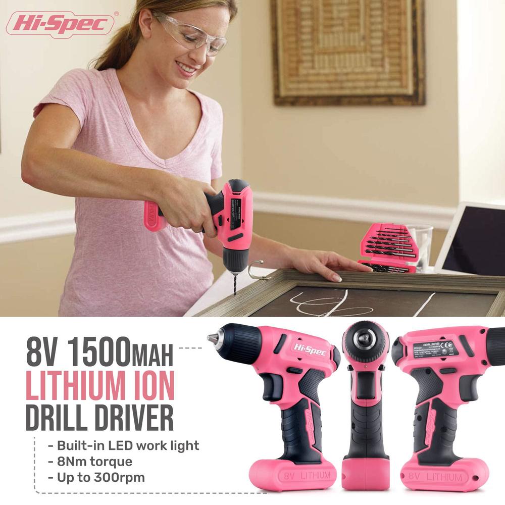 hi-spec 58pc pink 8v usb electric drill driver & household tool kit set. diy cordless power screwdriver