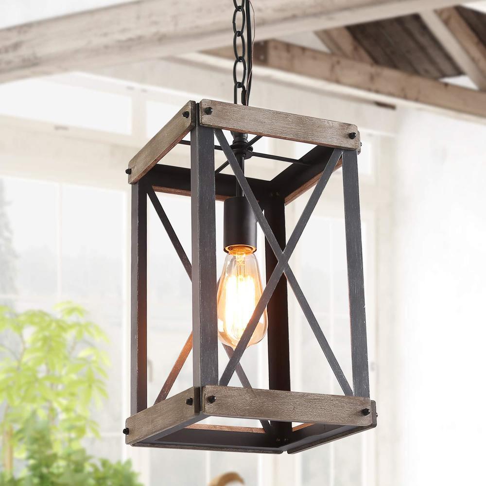 lnc farmhouse pendant lighting fixture rustic wood cage chandelier for kitchen island, entryway, foyer, living and dining roo