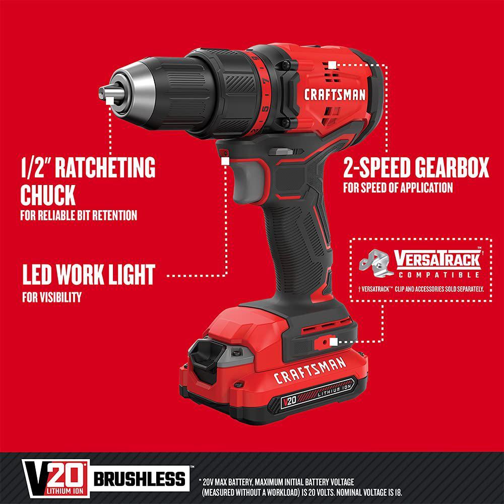 craftsman v20* cordless drill/driver kit, brushless (cmcd710c1) , red , 1/2-in.