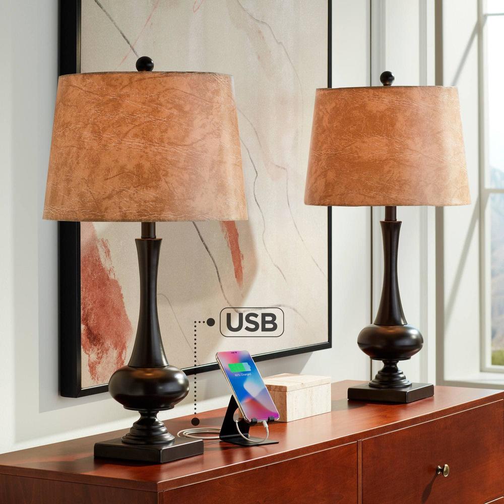 franklin iron works ross rustic farmhouse table lamps 27" tall set of 2 with usb charging port bronze brown metal faux leathe
