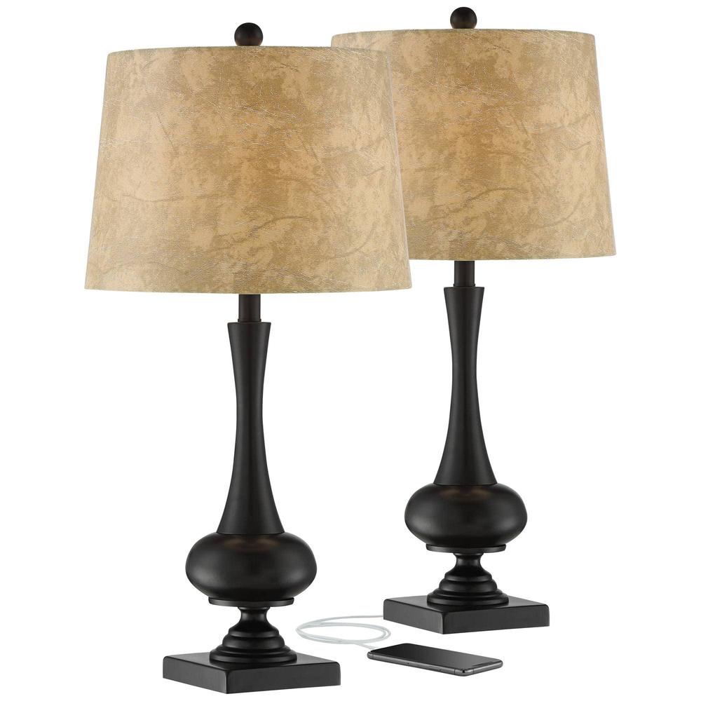 franklin iron works ross rustic farmhouse table lamps 27" tall set of 2 with usb charging port bronze brown metal faux leathe