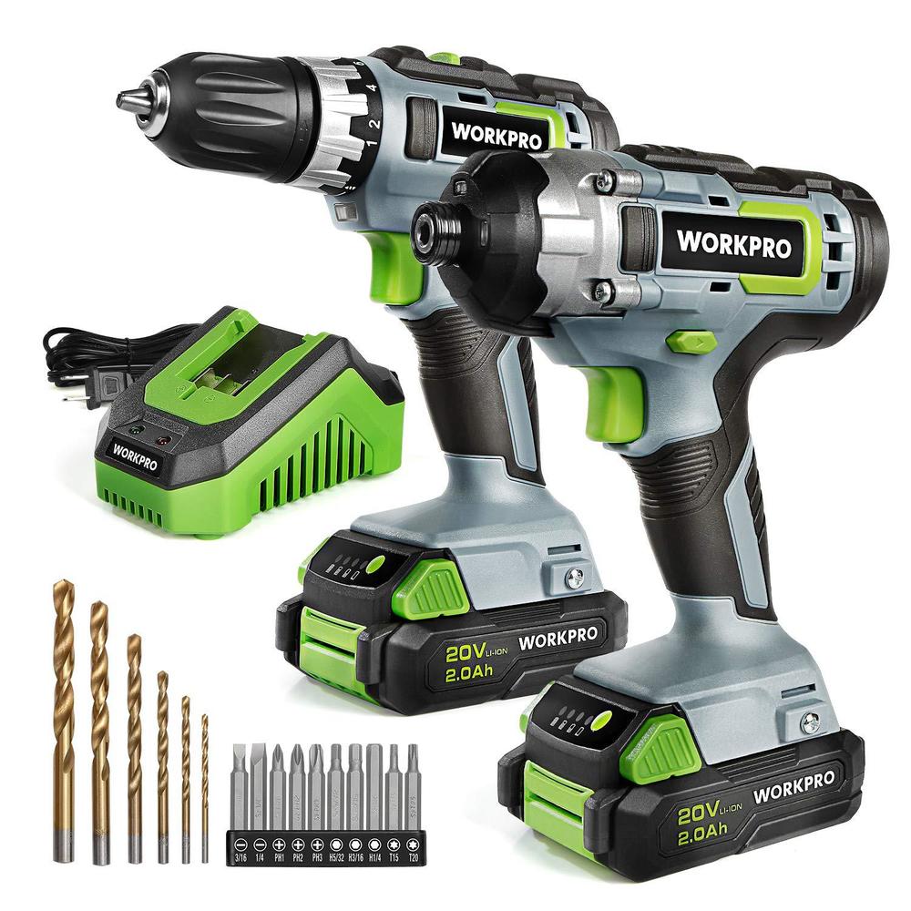 workpro 20v cordless drill combo kit, drill driver and impact driver with 2x 2.0ah batteries and 1 hour fast charger