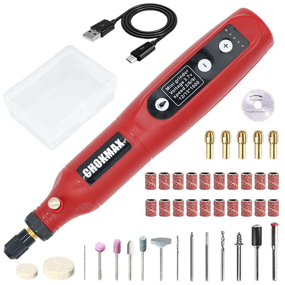 chokmax cordless rotary tool kit, 3.7v mini grinder with 5 variable speed, front led work light, 40pcs accessories electric m