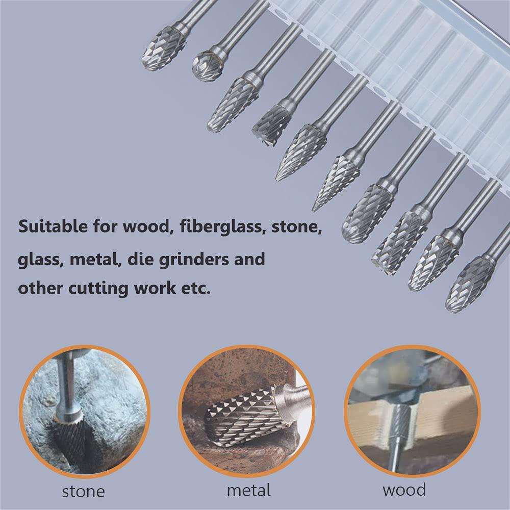 YURINWOO tungsten carbide rotary burr set with 1/8" shank, double cut carving bits for rotary tool accessories for diy woodworking, po