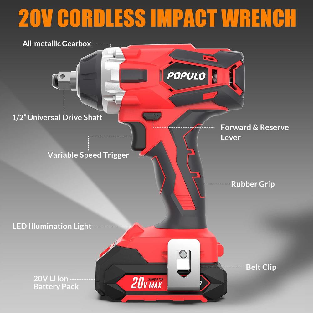 populo 20v cordless impact wrench,  chuck power impact wrenches, 2389 in-lbs torque and 0-3,000 impact, 6 pcs drive impact so