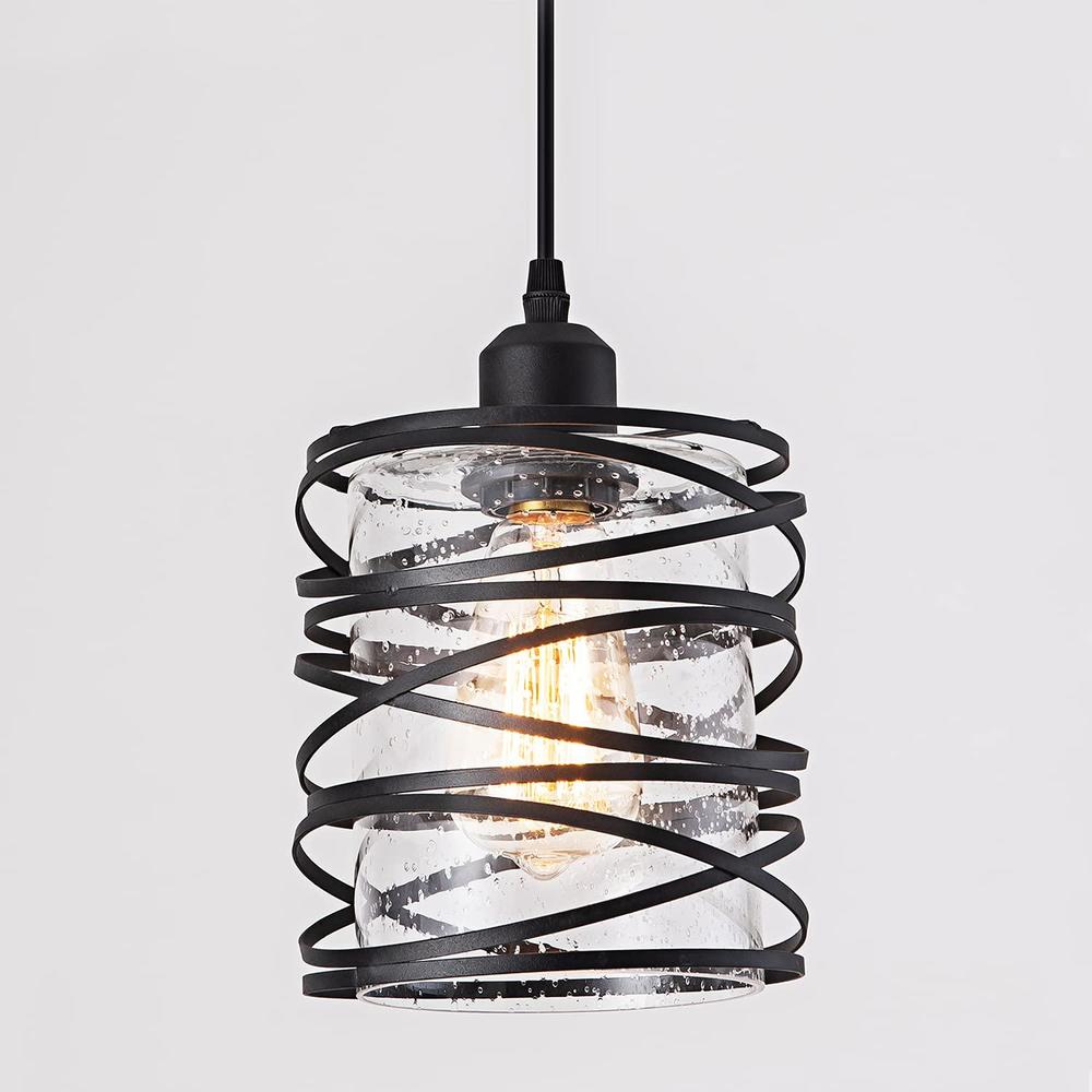 fisgoni modern mini pendant light fixture kitchen island pendant lighting 6.30''matte black spiral cage handblown clear seede