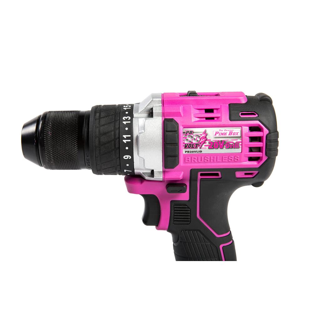 The Original Pink Box 20-volt lithium-ion brushless -inch keyless chuck cordless drill with 2.0 ah battery, pink