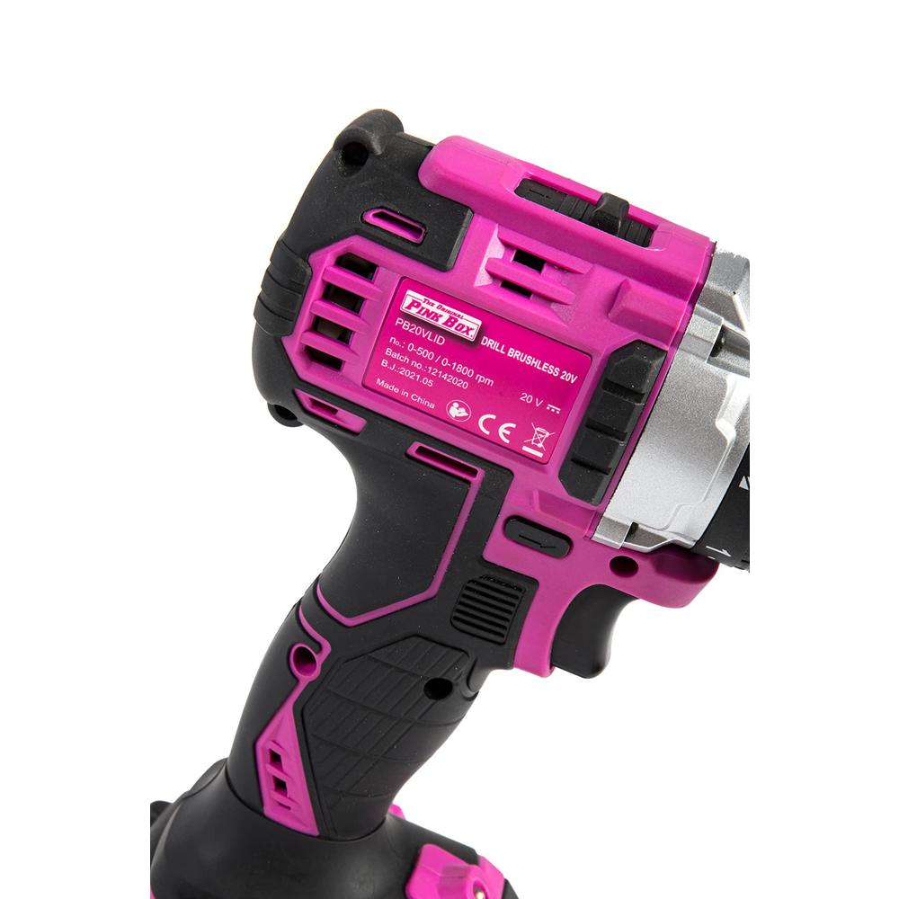The Original Pink Box 20-volt lithium-ion brushless -inch keyless chuck cordless drill with 2.0 ah battery, pink