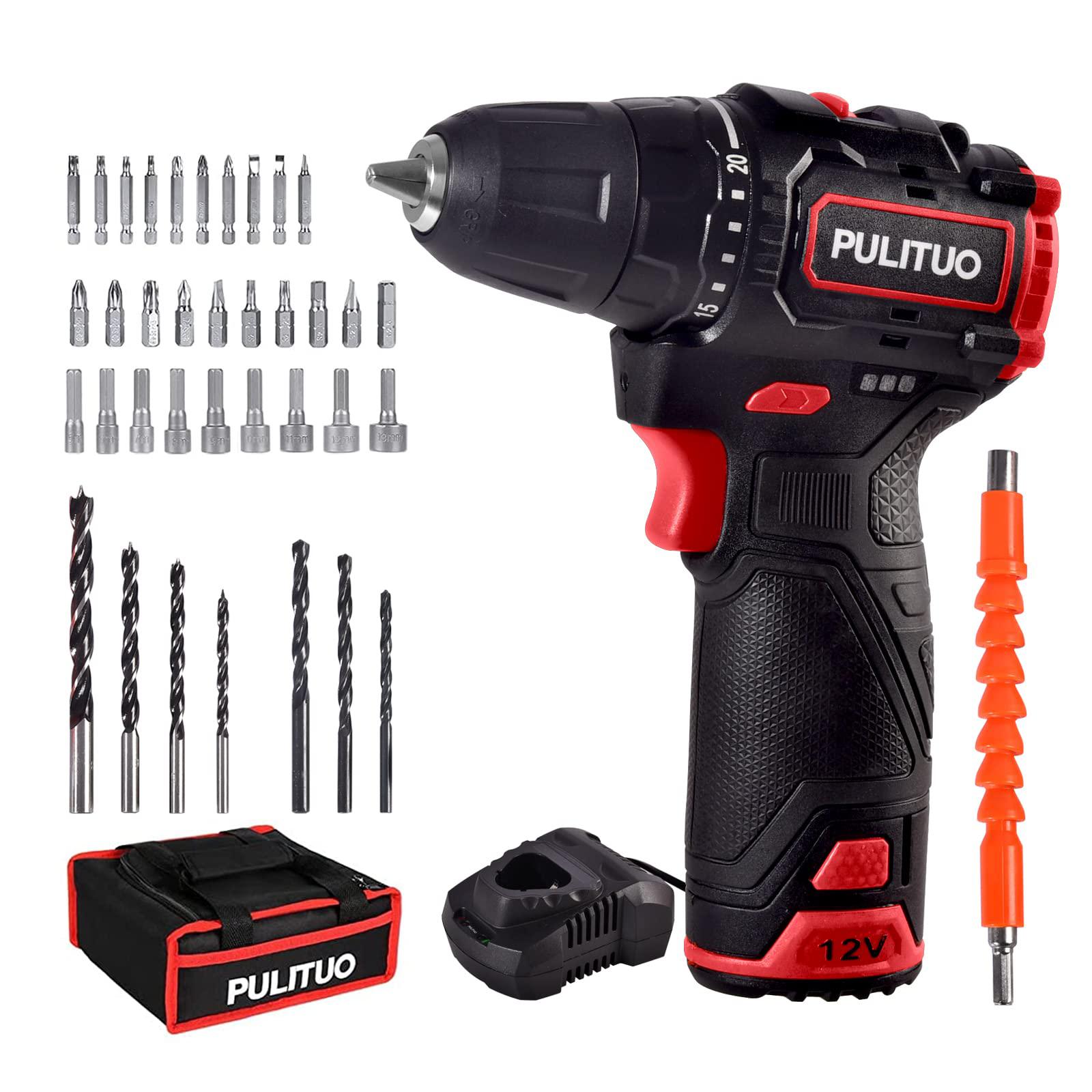 PULITUO pulituo brushless electric drill set,[brushless motor],12v power  drill 310 in-lb torque, 20+1 clutch, 3/8 keyless chuck,45mi