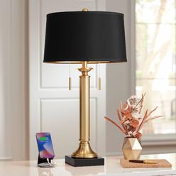 possini euro design wynne traditional glam table lamp with dual usb charging port 30" tall warm gold metal black drum shade f
