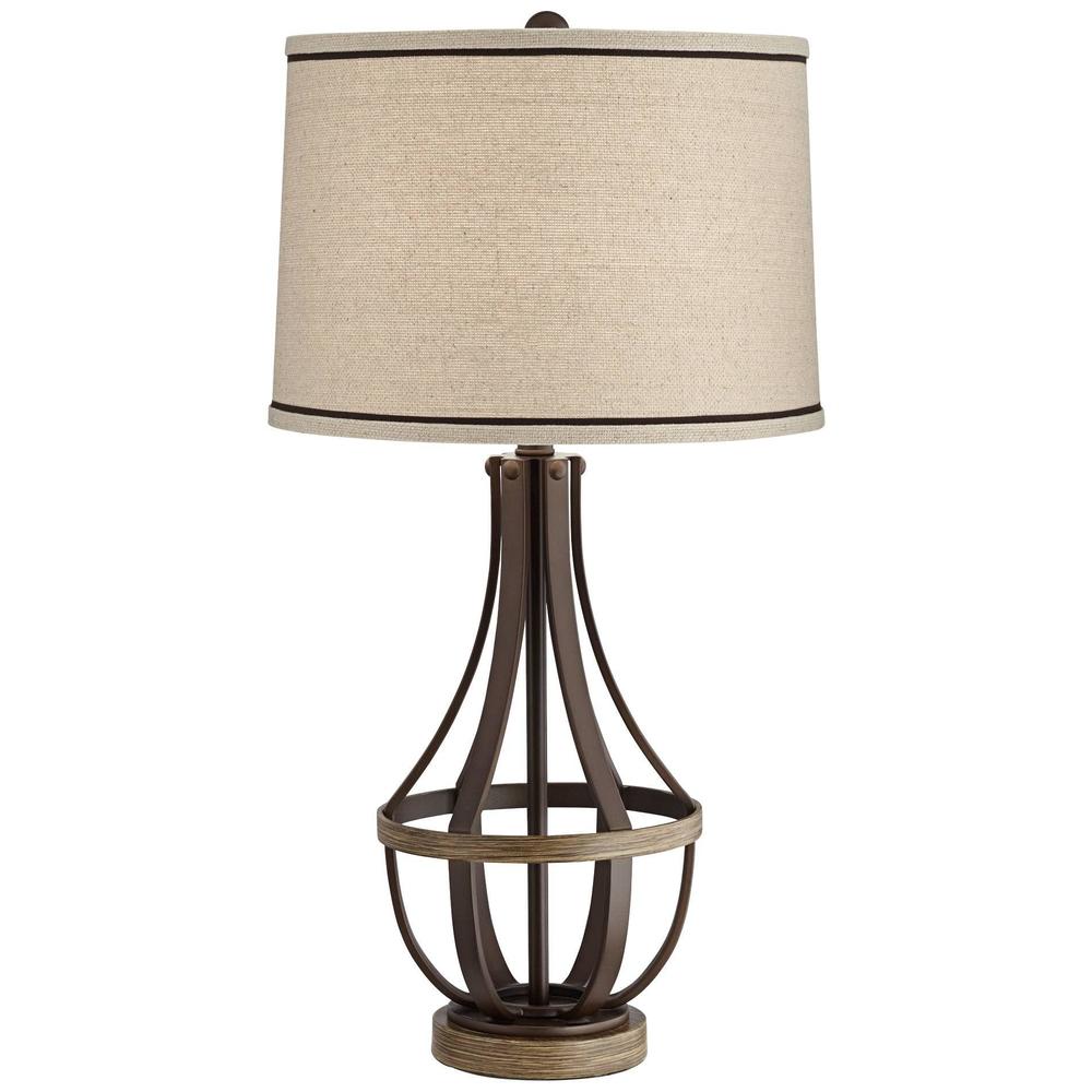 franklin iron works louanne modern table lamp 29" tall with usb charging port oil rubbed bronze metal burlap drum shade for b