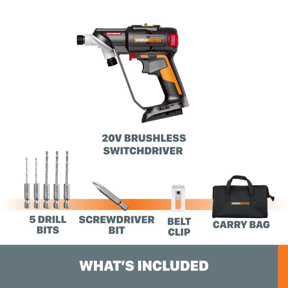 worx nitro 20v brushless switchdriver 2.0 2-in-1 cordless drill & driver - wx177l.9 (tool only)