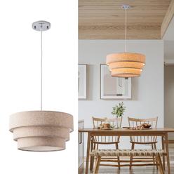 yifi deco modern pendant light, adjustable drum hanging lamp fixture with 3-tier linen fabrics lampshade, elegant pendant lig