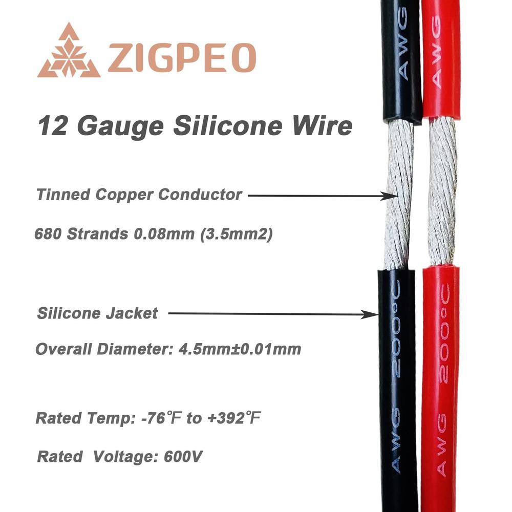 zigpeo 12 awg silicone wire 50ft, extra flexible 12 gauge stranded copper  wire, high temp 392? 600v