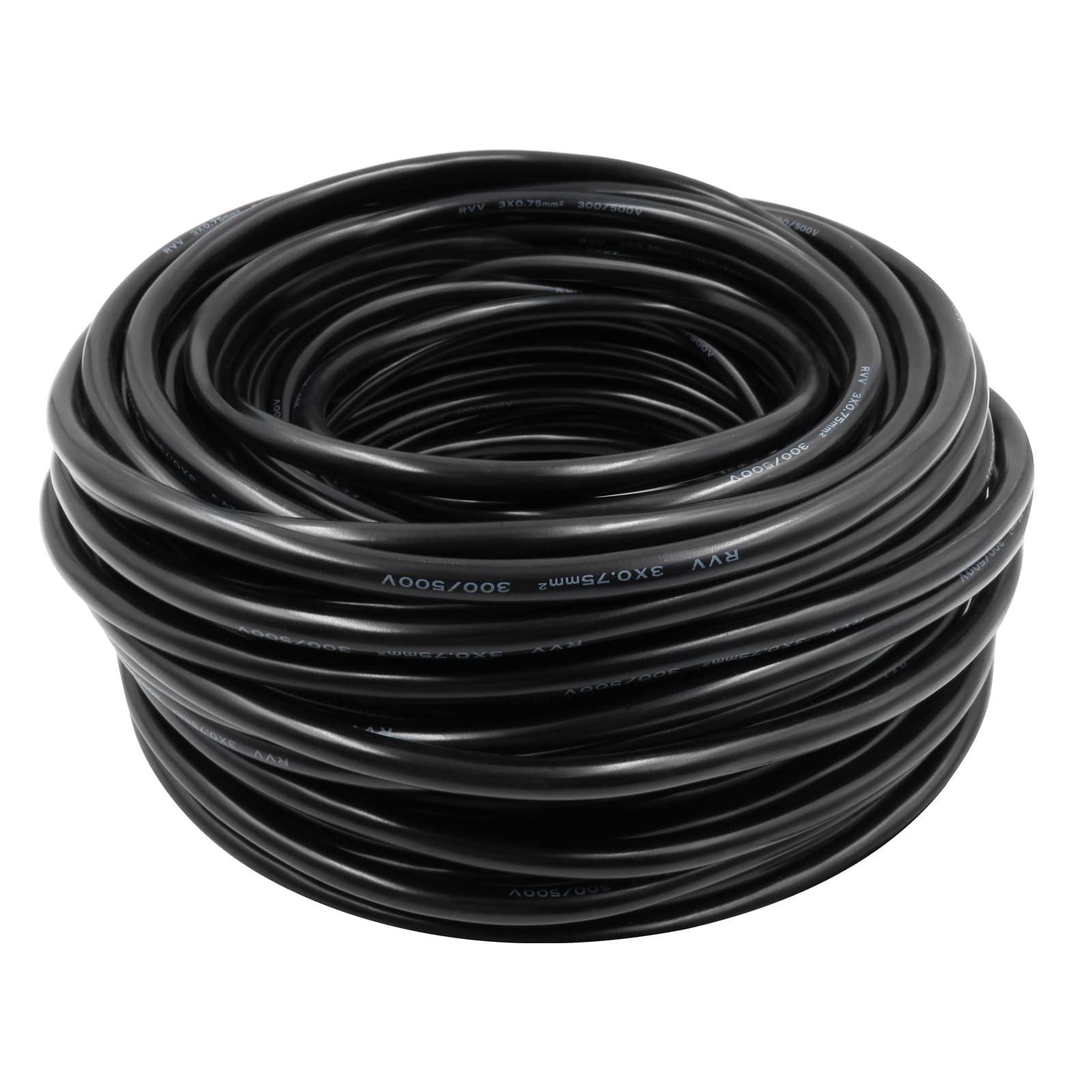 Alling rvv wire cable extension cord copper wire 3 conductor 0.75mm electric cores 100ft length black (100ft 3core blackwire) (100ft