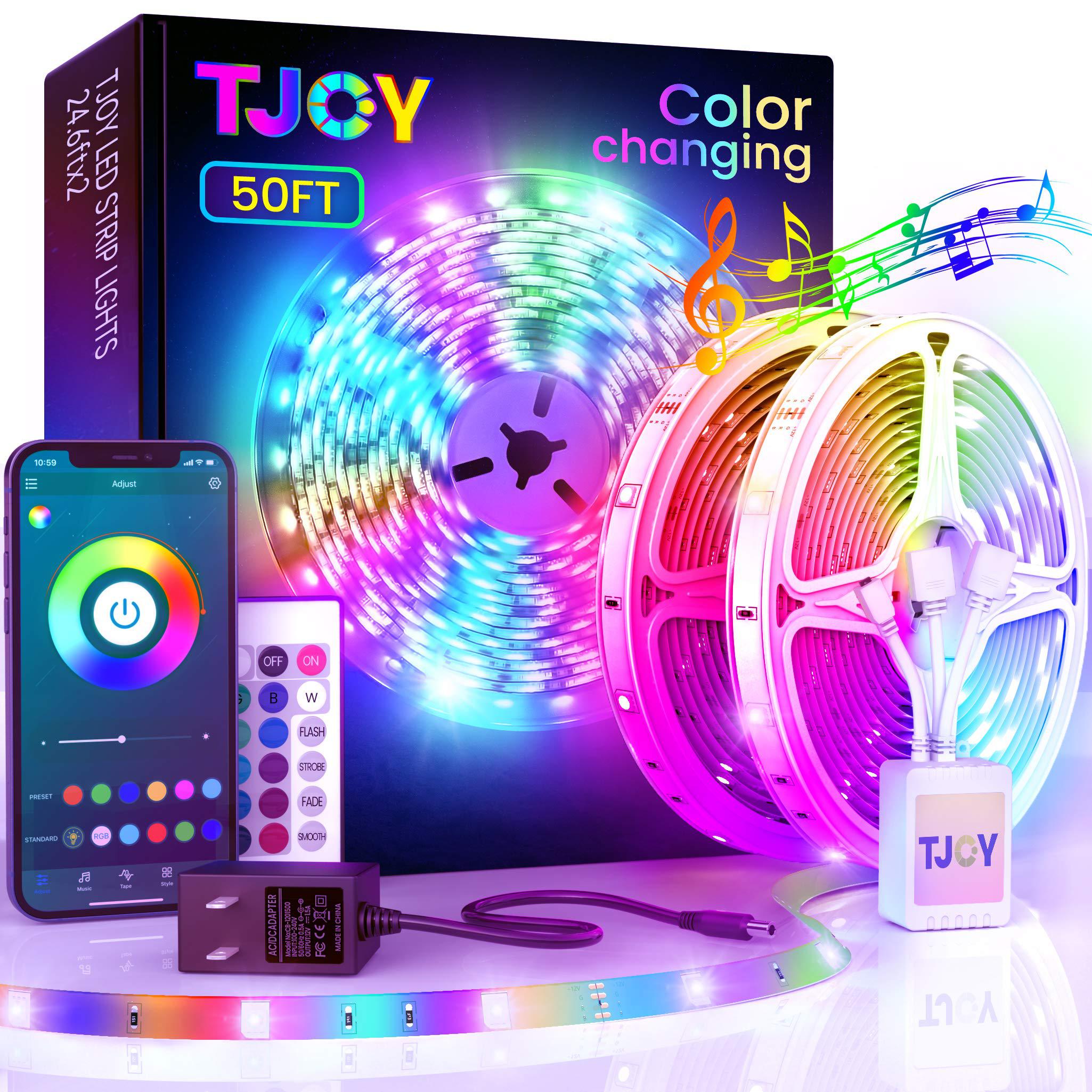 tjoy 50ft bluetooth led strip lights, music sync 5050 led light strip rgb color changing led lights strip with phone remote, 