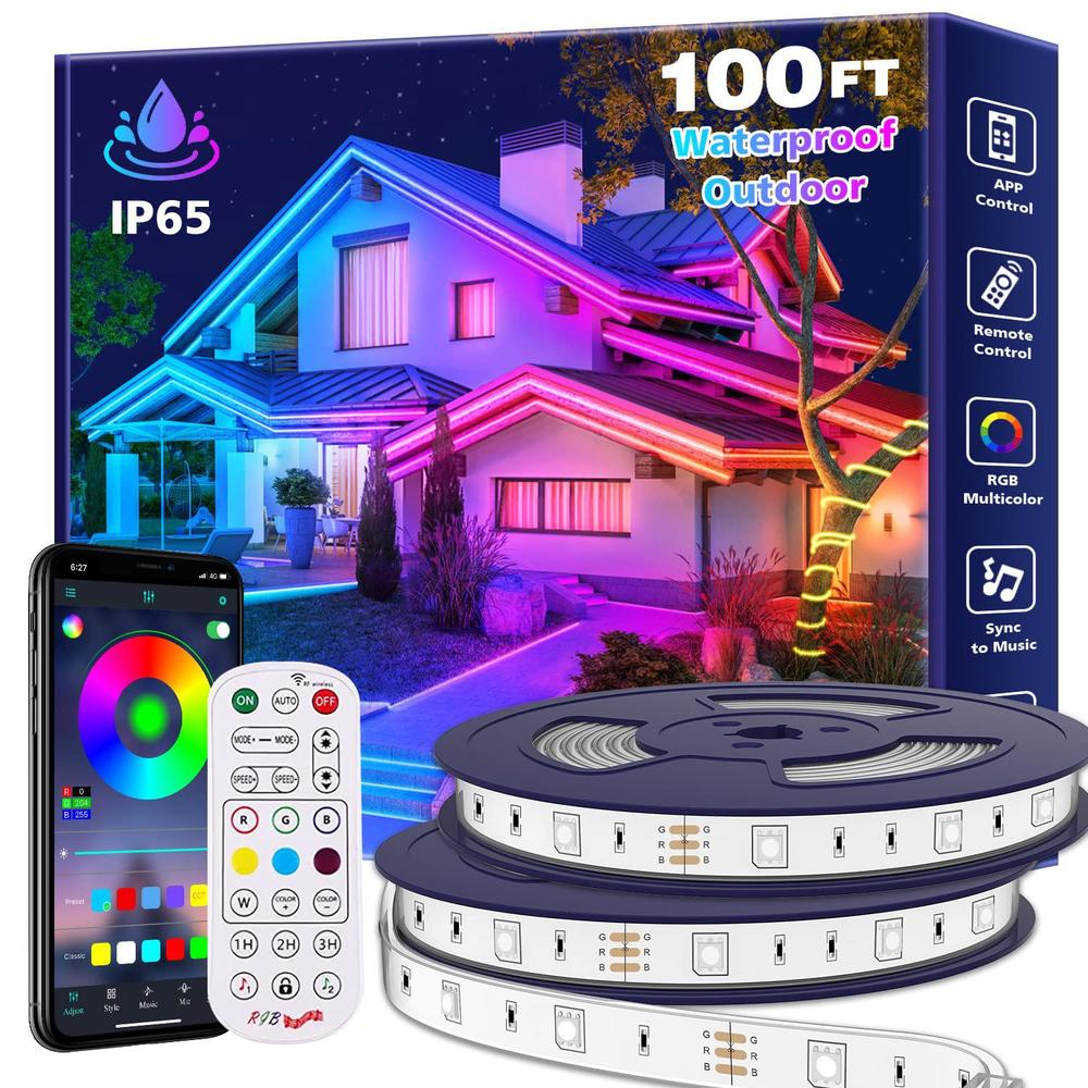 aulimhti 100ft outdoor led strip lights waterproof,music sync rgb ip65 outside led light strips waterproof with app and remot