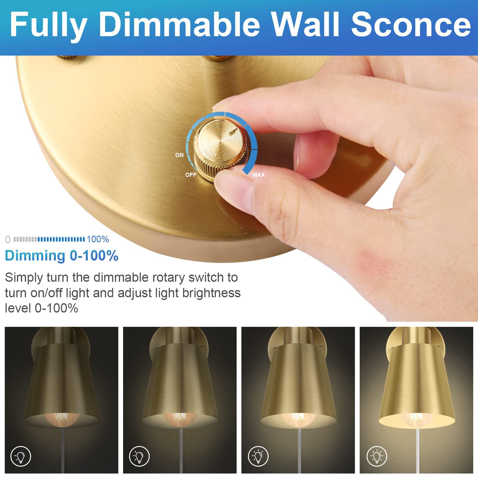 vatoni plug in wall sconce, dimmable wall sconces adjustable angle wall lights with plug in cord and dimmer on/off rotary swi