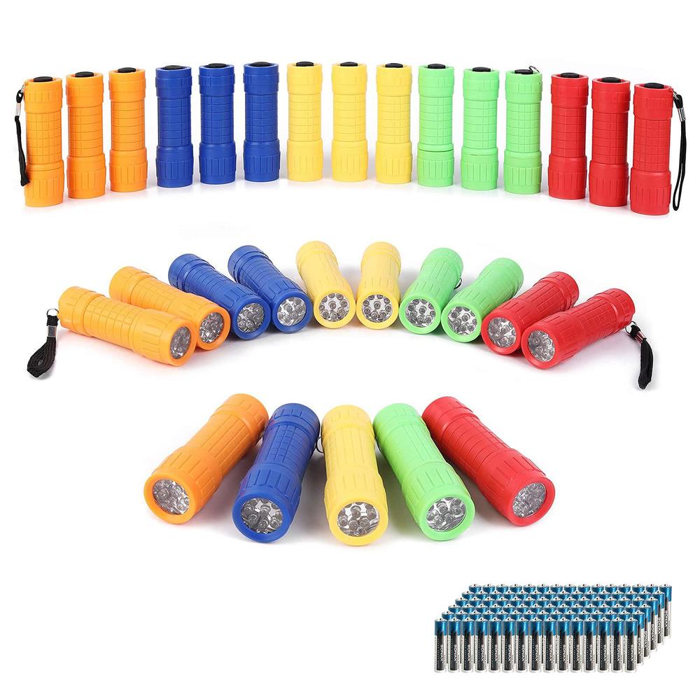 whaply 30-pack small mini flashlight set, 5 colors, 9-led handheld flashlight with lanyard,90-pack aaa battery included for k