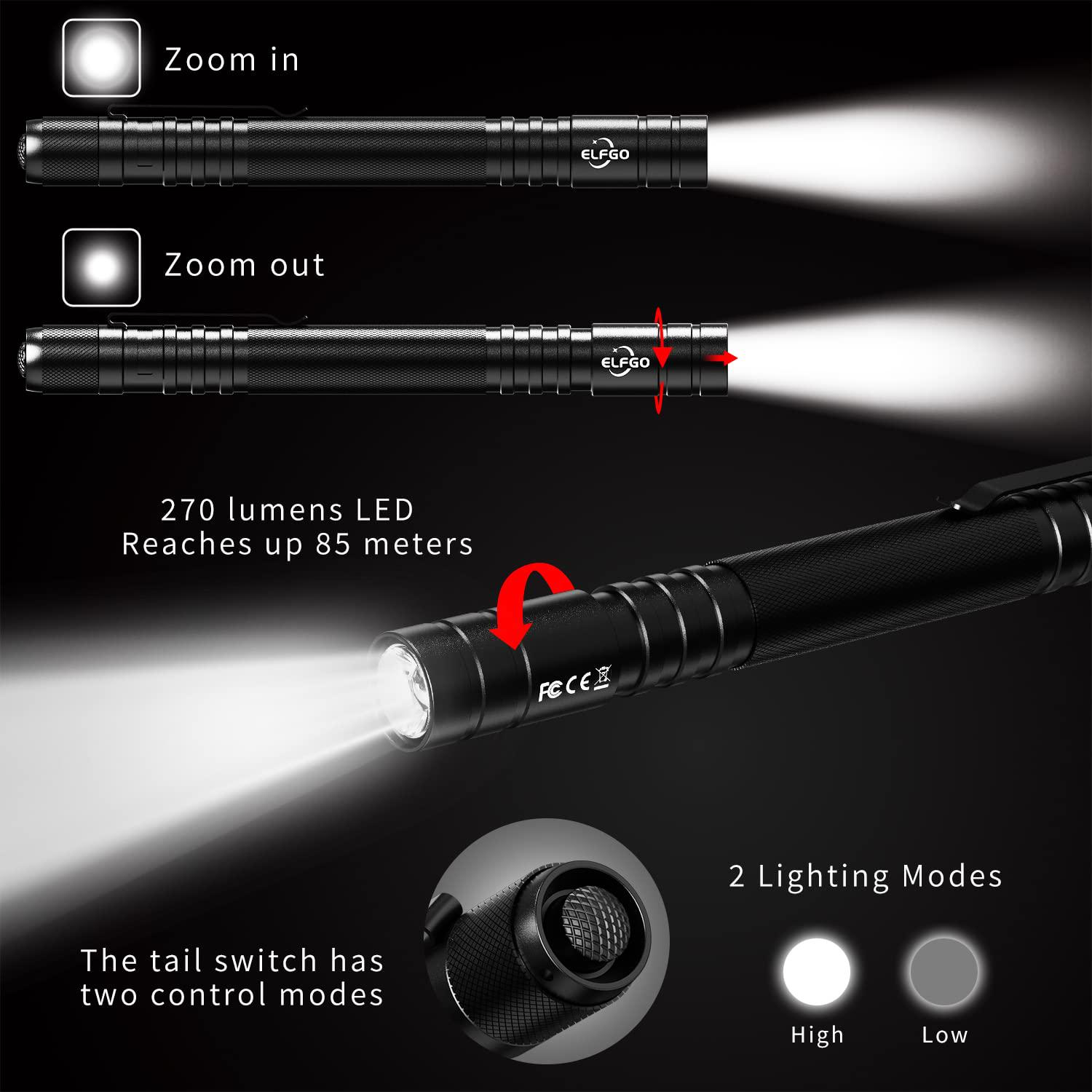 elfgo 270 lumens led pen light, zoomable penlight flashlight with 2*aaa, pocket size clip flashlight small mini handheld slim