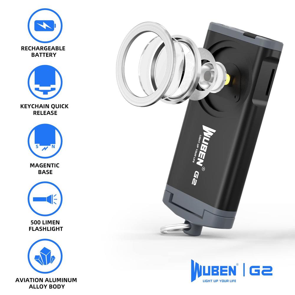 wuben g2 mini flashlight keychain, 500 lumens rechargeable pocket flashlight, 5 modes small led flashlight, edc keychain brig