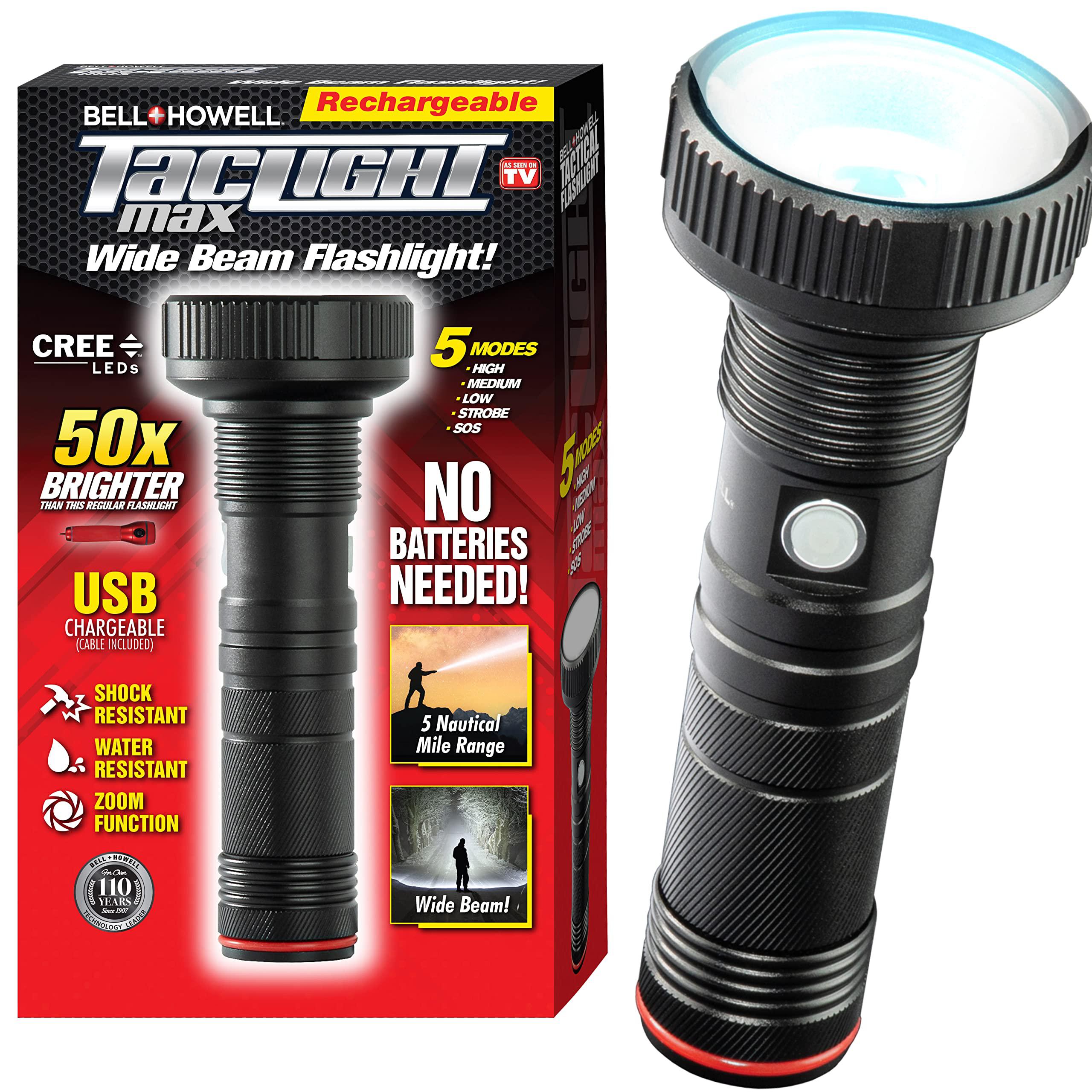 bell+howell taclight max ultra high-powered long-lasting up to 15 hours handheld flashlight 500 lumens-7,000k cree led, 5 mod