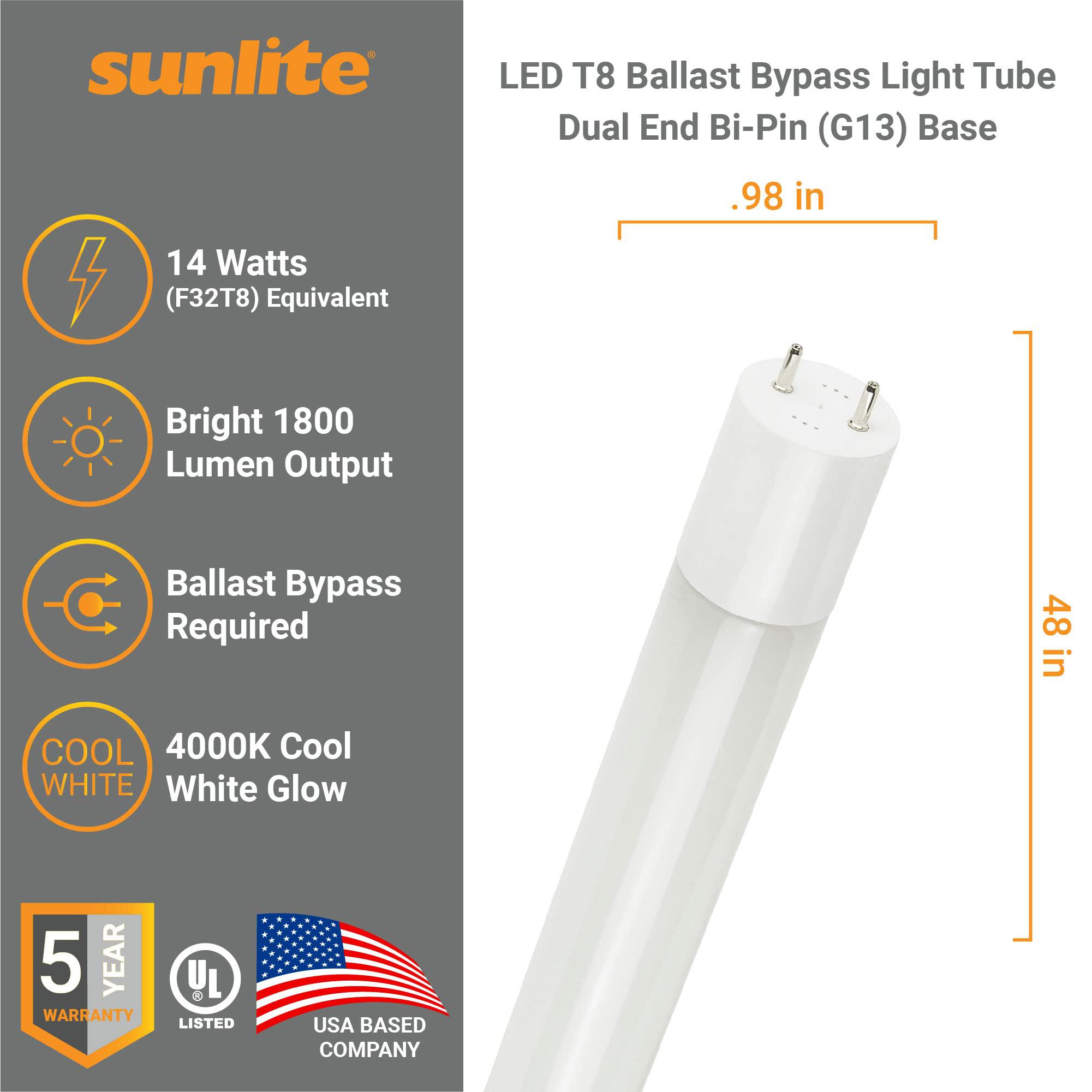 sunlite 88425 led t8 ballast bypass light tube (type b) 4 foot, 14w (f32t8 equal), 1800 lm, medium g13 base, dual end connect