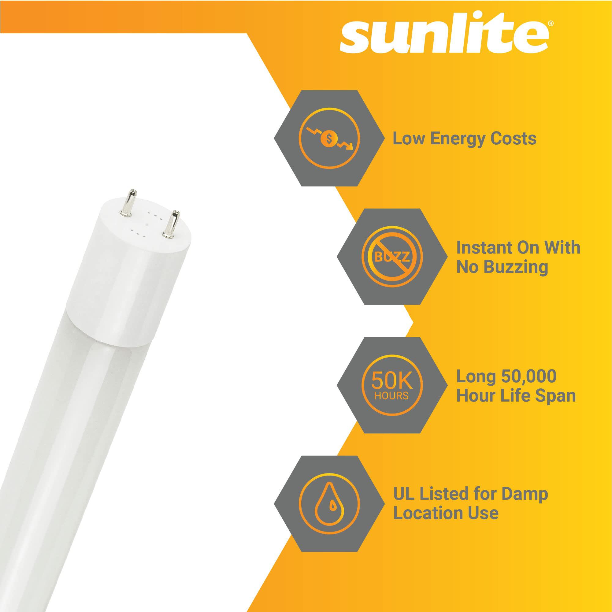 sunlite 88425 led t8 ballast bypass light tube (type b) 4 foot, 14w (f32t8 equal), 1800 lm, medium g13 base, dual end connect