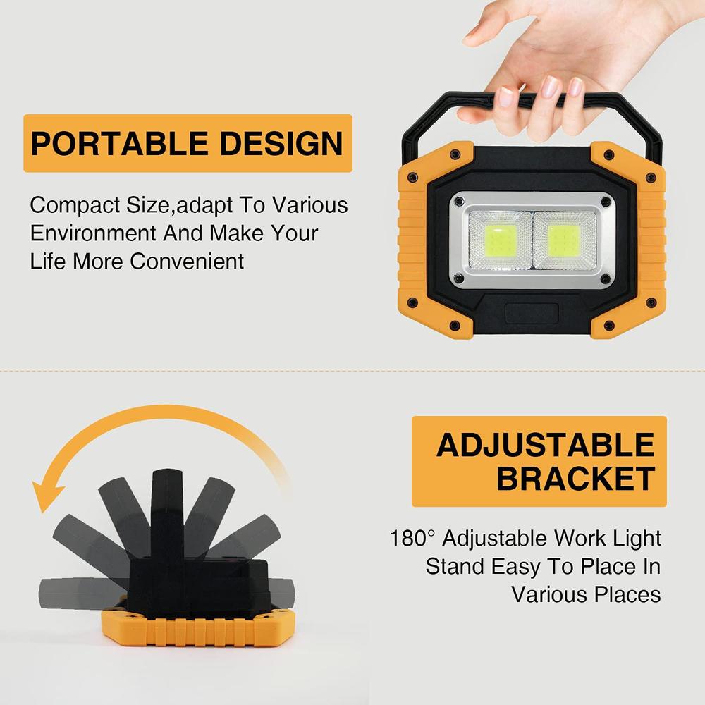 tekstap led work light rechargeable, 30w 2000lm portable waterproof rechargeable work lights with stand, battery powered cob 