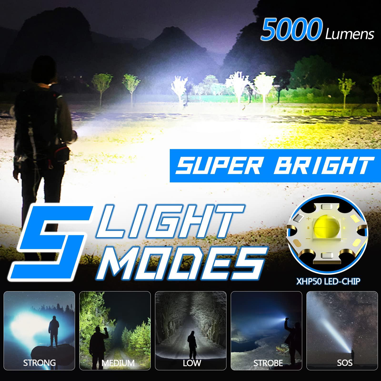 goodea flashlights led high lumens rechargeable, 5000 lumens xhp50 super bright flashlight, high power flash light, 5 light modes, z