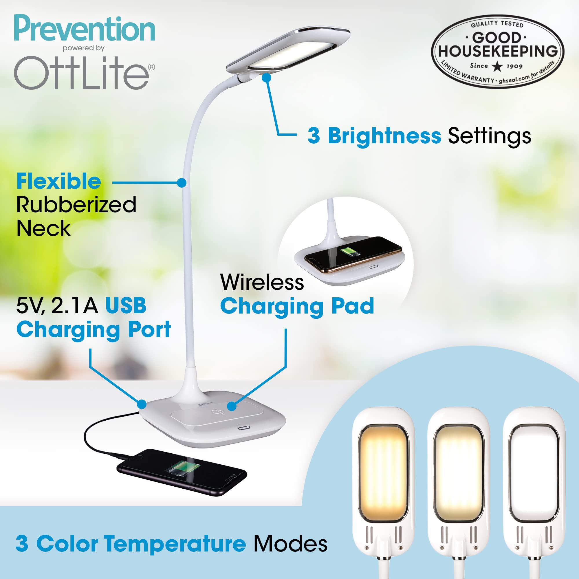 ottlite led desk lamp with wireless charging, prevention designed to reduce eyestrain - adjustable flexible neck, 3 color mod