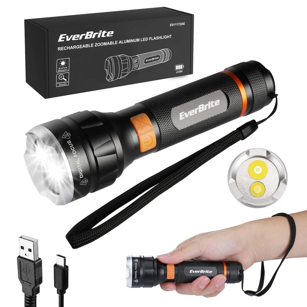 everbrite led rechargeable flashlight high lumens, 1000 lumens, zoomable aluminum flashlight with digital focus, 4 modes, wat