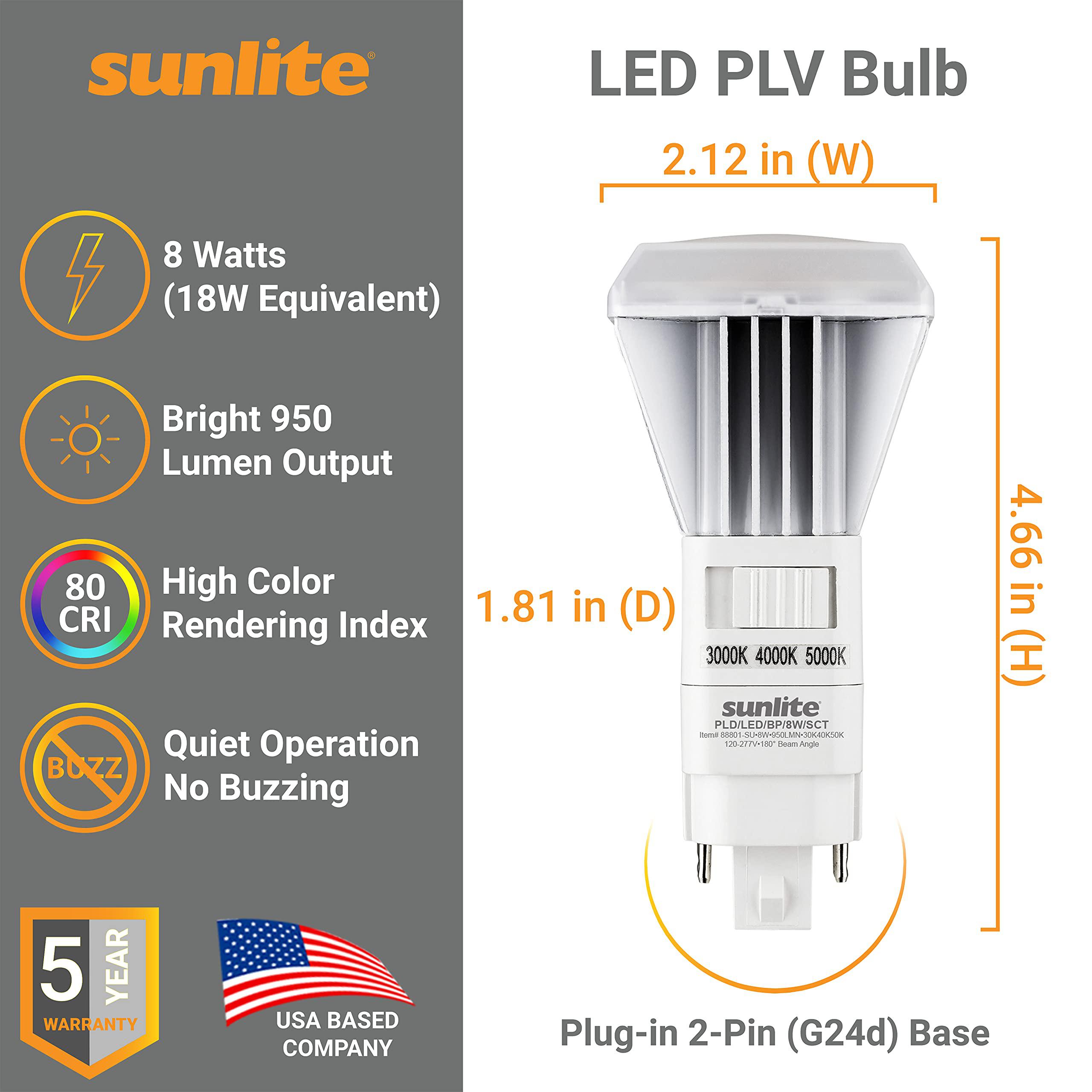 sunlite 40269 led cct plv recessed ballast bypass light bulb, 8 watt 18w fluorescent replacement 950 lumens, g24d 2 pin base,