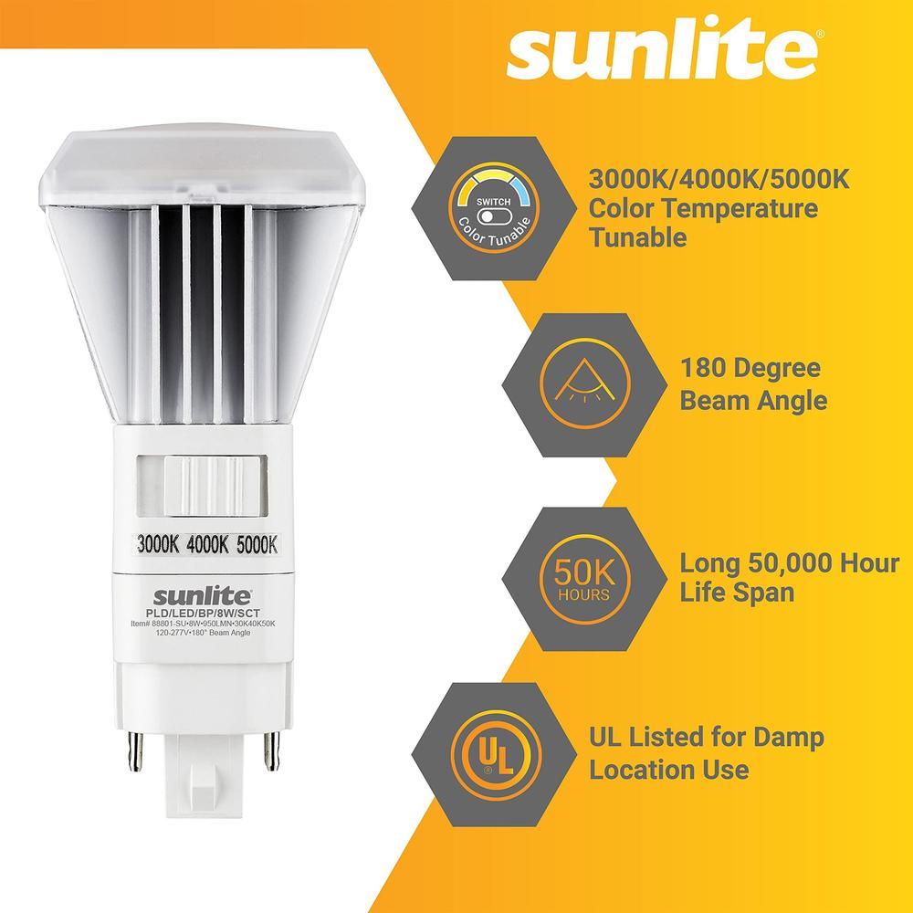 sunlite 40269 led cct plv recessed ballast bypass light bulb, 8 watt 18w fluorescent replacement 950 lumens, g24d 2 pin base,