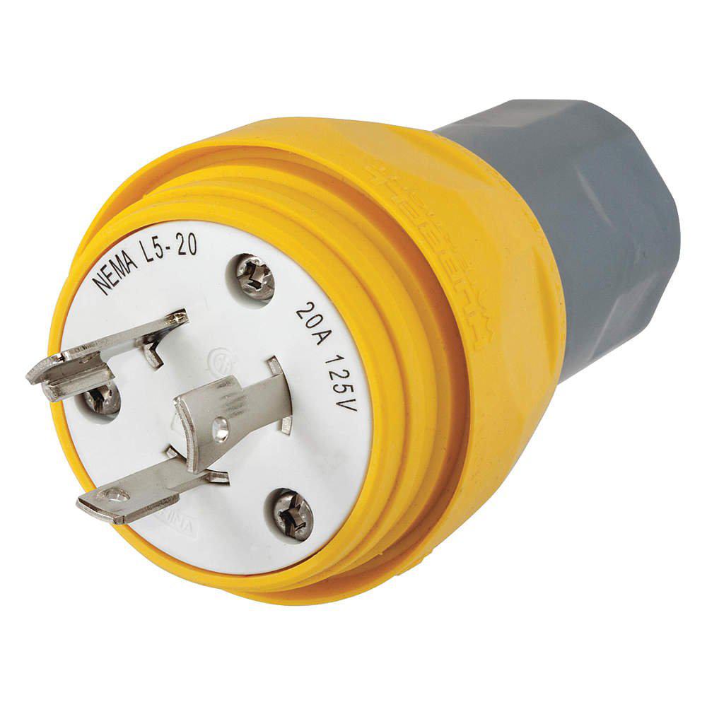 Hubbell Wiring Device-Kellems watertight devices, twist-lock plug, 20a, 125v ac, 2 pole, 3 wire, thermoplastic elastomer, nema l5-20p, yellow