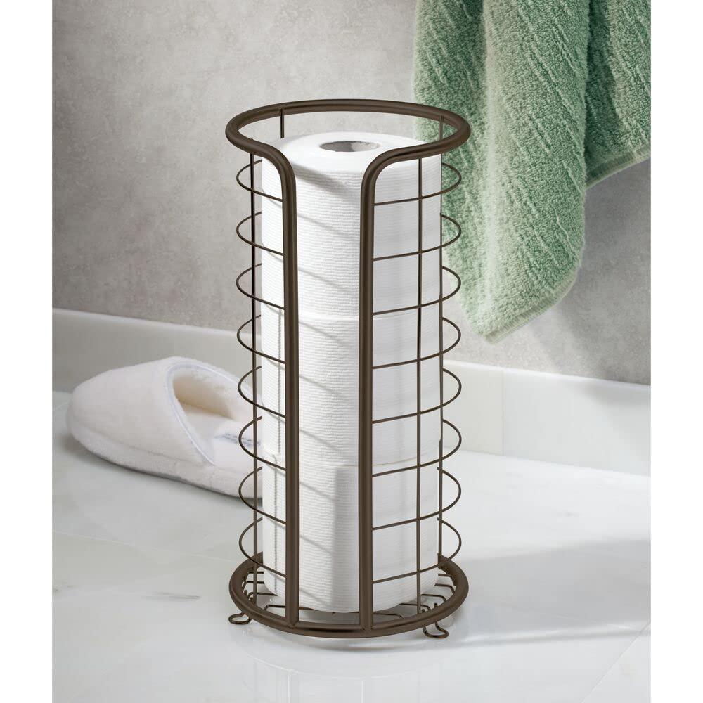 mdesign metal toilet paper holder stand - storage reserve for 3 rolls of toilet tissue - freestanding toilet paper holder - s
