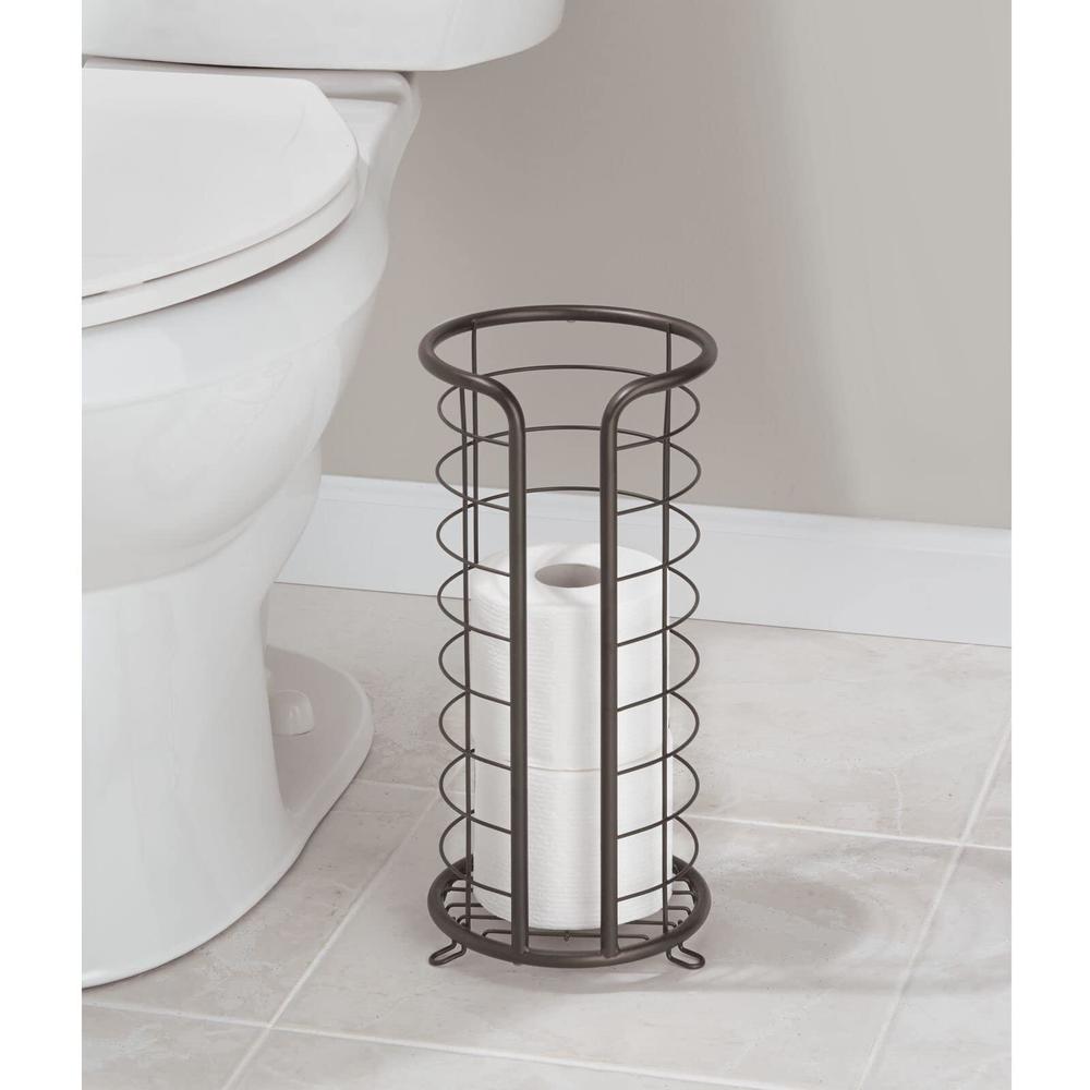 mdesign metal toilet paper holder stand - storage reserve for 3 rolls of toilet tissue - freestanding toilet paper holder - s