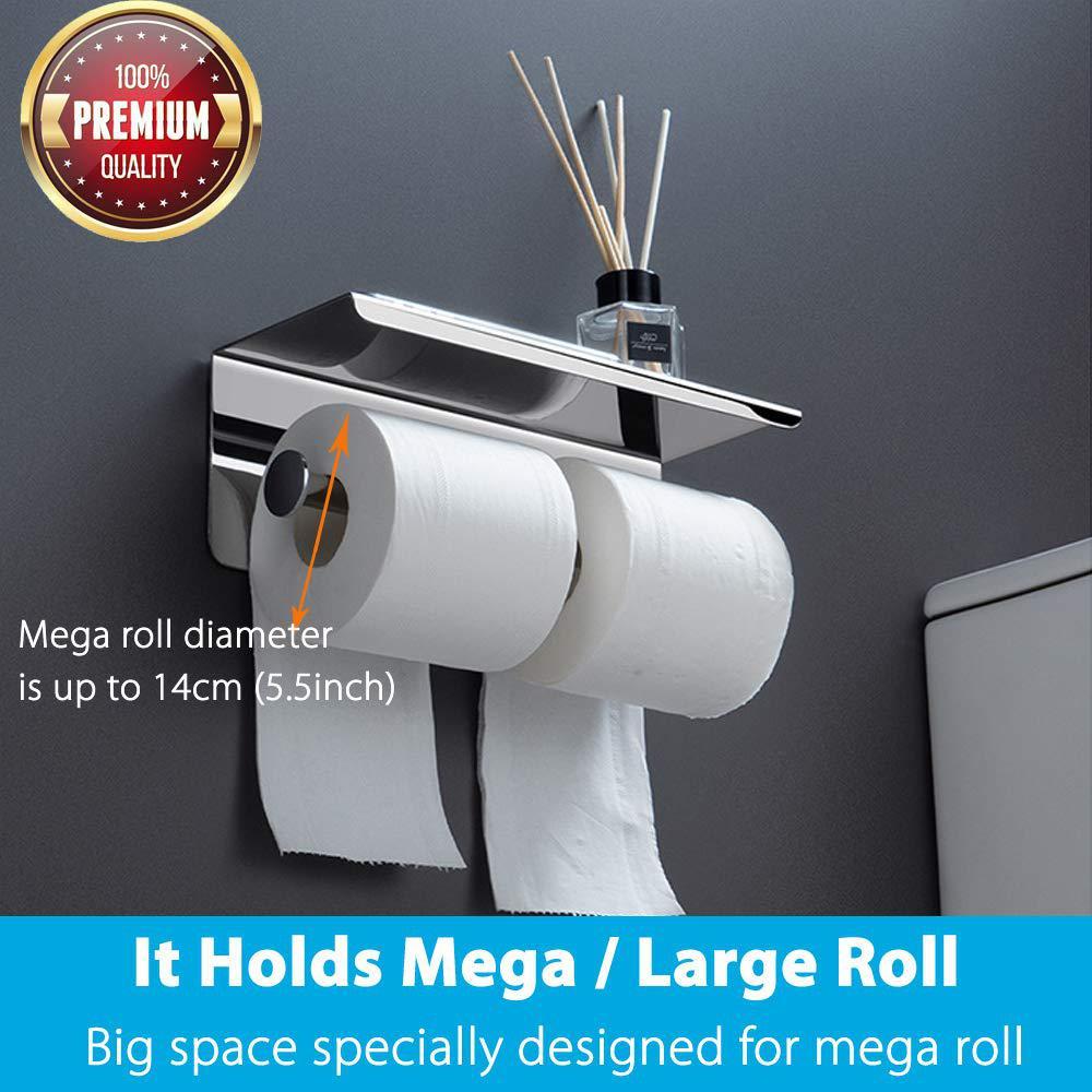 Waydeli double toilet paper holder - double toilet paper roll holder with shelf, adhesive no drilling or wall mounted, stainless stee