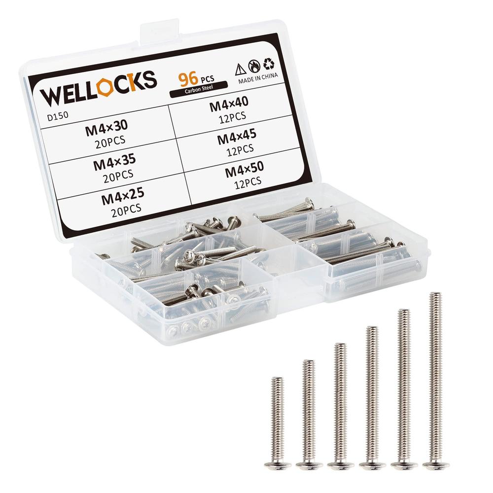 wellocks cabinet pulls knobs screws m4 25-50mm 96 pcs assortment machine screws pan washer head metal phillips screws kit for