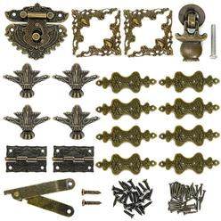 QINIZX retro jewelry box antique lock latch hasp latches buckle vintage bronze engraved hinges drawer handle box corner protectors a