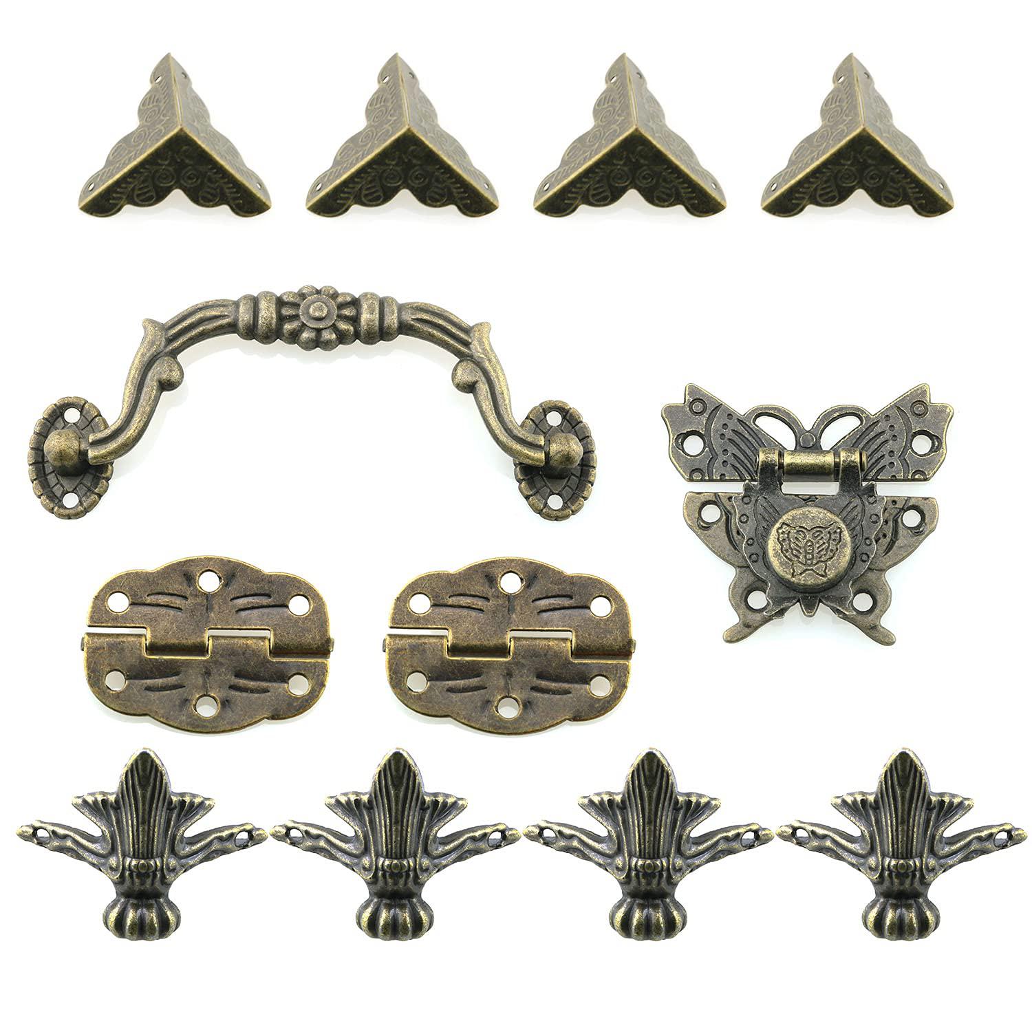 yhxixi 12pcs jewelry box antique lock latch hasp hinges handle box corner protectors kit - include 1 antique lock latch hasp 