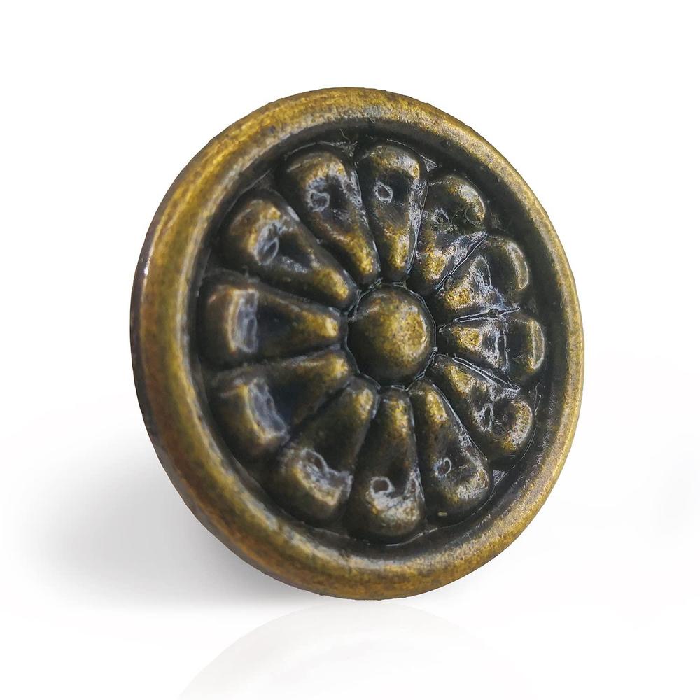 rjdj 5 pack - cabinet knobs antique brass round,1.4-inch(36mm) diameter antique brass knobs for cabinets and drawers,flower v