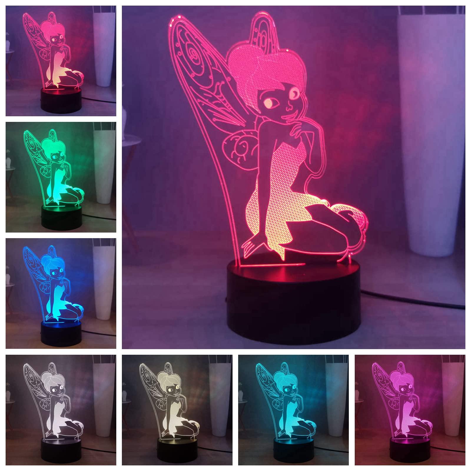 laysinly tinker bell 3d led night light, peter pan tinkerbell 7 color desk lamp, usb touch bedside lamp, remote bedroom lamps