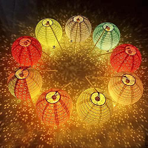 aiminjey 12pcs chinese paper lanterns with led lights hollow out hanging asia japanese paper lamps with tassel and walking stick, 8 in