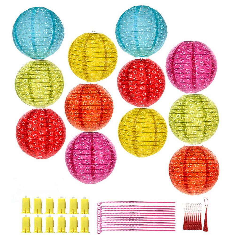 aiminjey 12pcs chinese paper lanterns with led lights hollow out hanging asia japanese paper lamps with tassel and walking stick, 8 in