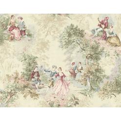 Wallquest wallpaper designer french toile faux tapestry green blue red pink on cream