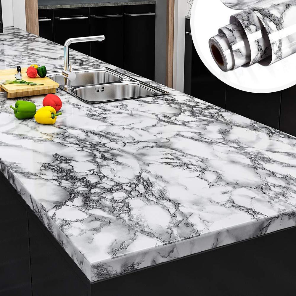 yenhome 24"x200" grey marble wallpaper peel and stick counter top stick paper grey white marble kitchen counter contact paper